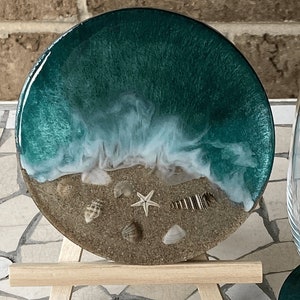 Tranquil Green Ocean Resin Coasters with Sand & Shells, Beach Waves - Home Decor