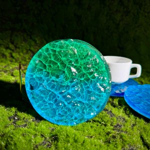 Ocean Water Effect Resin Coaster – Blue Green Epoxy Drink Coaster | Custom Gift with Stand Option | 10cm